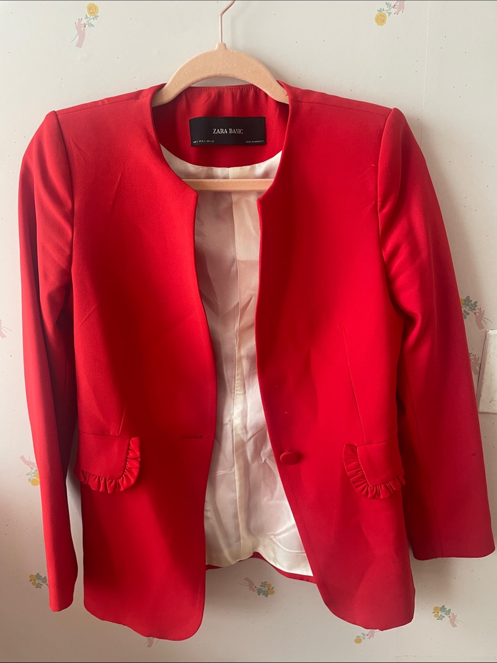 Zara Red Collarless Blazer with Ruffle Pocket Detail